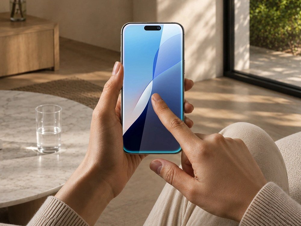 Ręce trzymające smartfon z zamontowanym szkłem ochronnym AmazingThing w jasnym salonie, widoczny niebieski tapeta na ekranie.