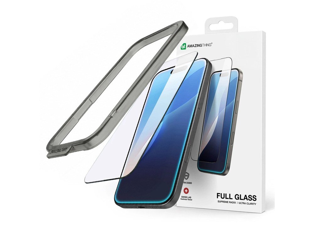 Komplet AmazingThing Full Glass z ramką montażową, szkłem ochronnym i pudełkiem na białym tle, widoczne logo marki.