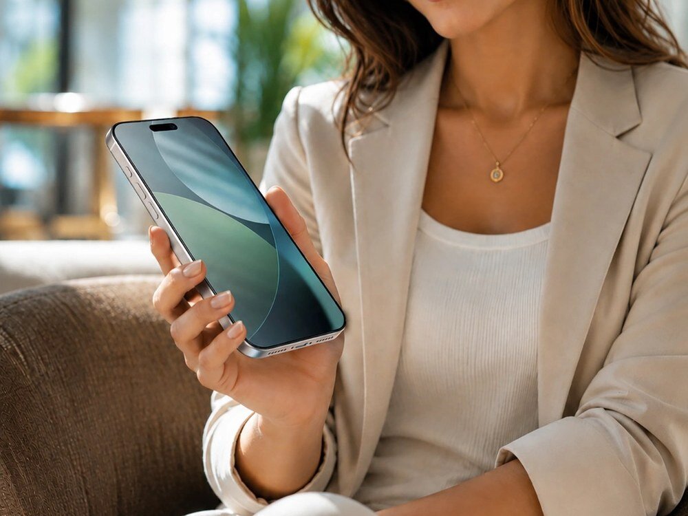Kobieta w beżowej marynarce trzymająca smartfon z założonym matowym szkłem ochronnym, ujęcie z boku w jasnym wnętrzu.