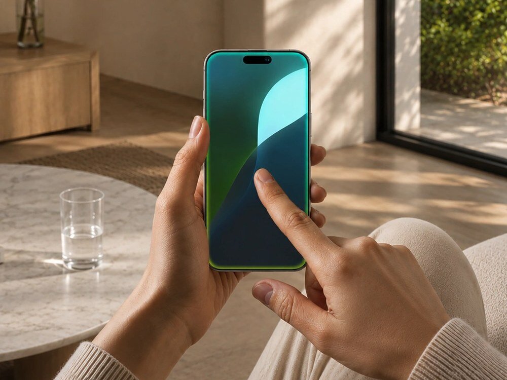 Smartfon w kolorze zielonym trzymany oburącz, widoczny ekran z tapetą i dynamiczna wyspa na tle jasnego salonu.