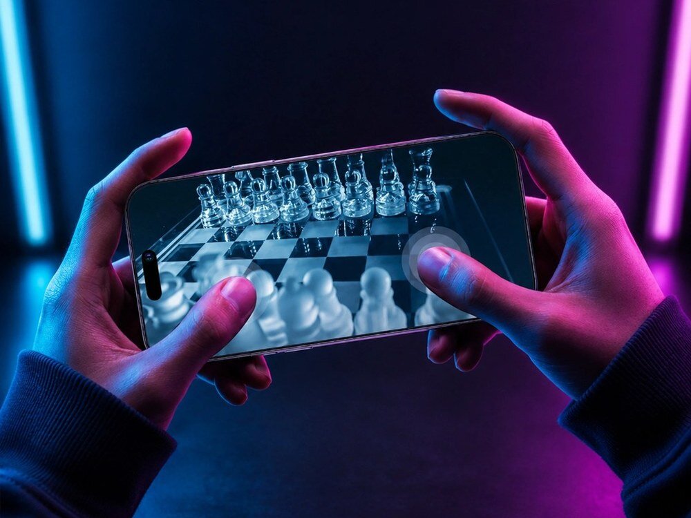 Smartfon trzymany poziomo obiema rękami, wyświetlający grę z szachownicą, w tle neonowe oświetlenie niebiesko-fioletowe.