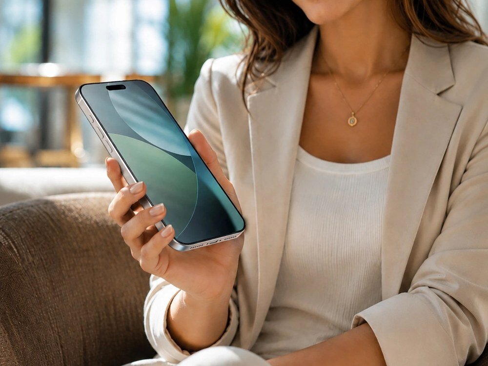 Kobieta w beżowej marynarce trzymająca smartfon z ciemnozielonym ekranem, ujęcie z boku w jasnym wnętrzu.