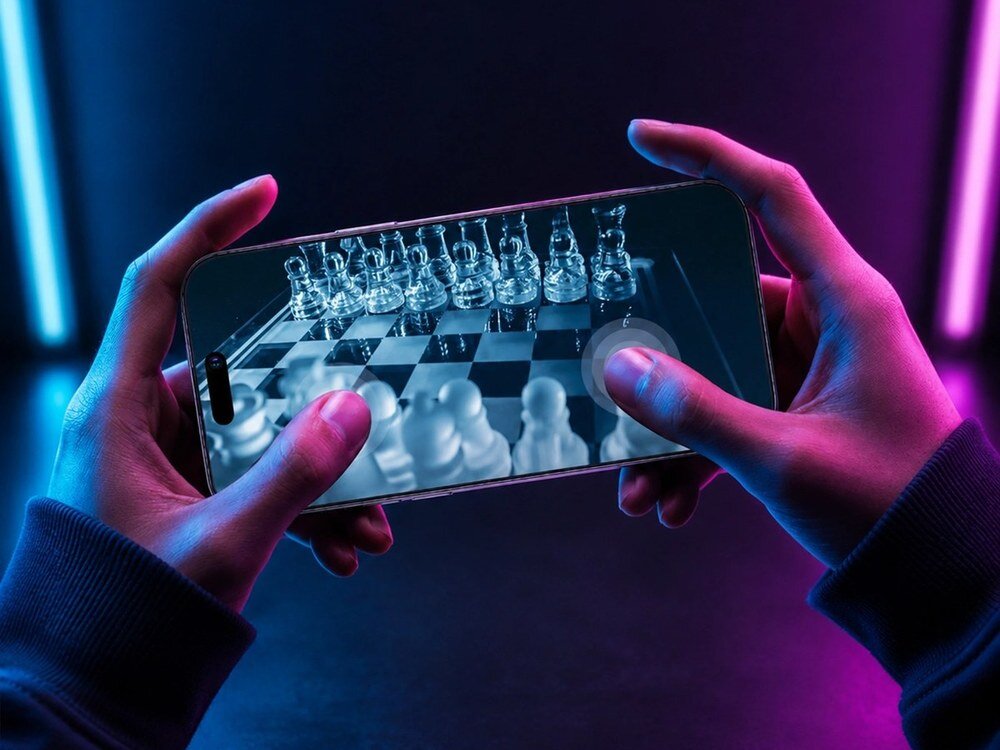 Dwie dłonie trzymające smartfon poziomo, na ekranie widoczna gra w szachy ze szklanymi figurami, neonowe tło.