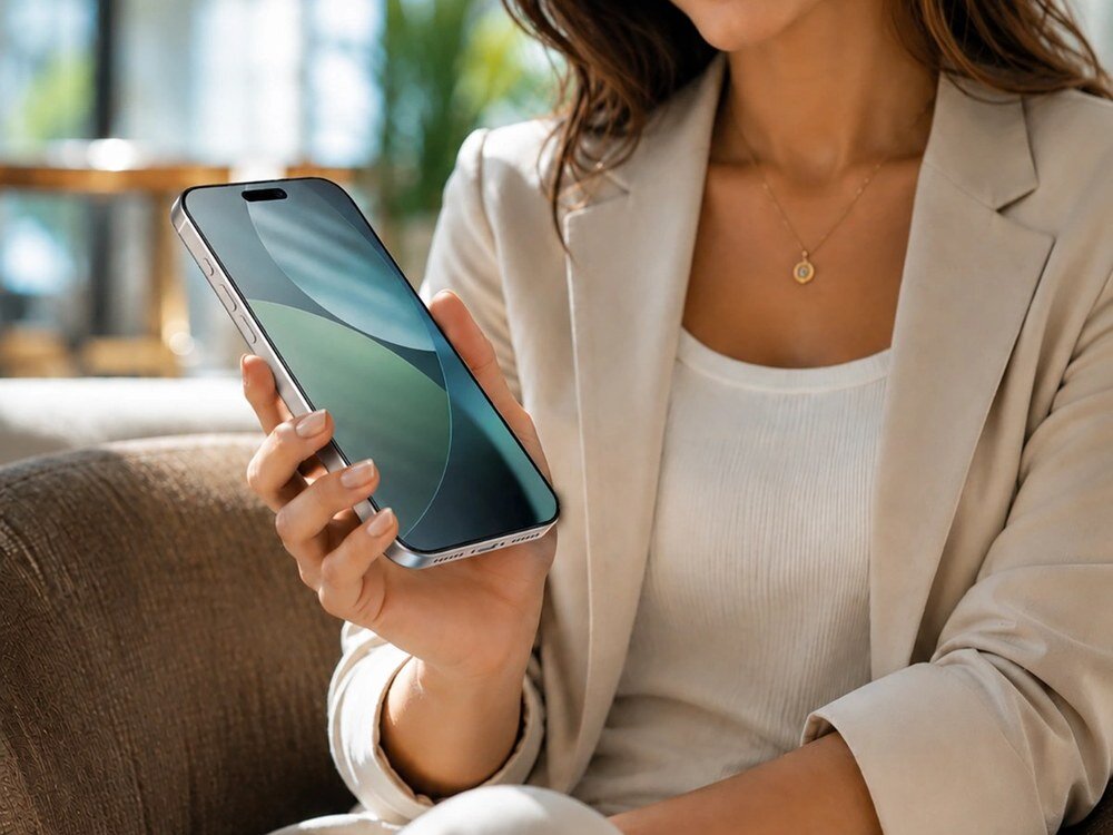 Kobieta w beżowej marynarce trzymająca iPhone'a z nałożonym matowym szkłem ochronnym, ujęcie z boku w jasnym wnętrzu.