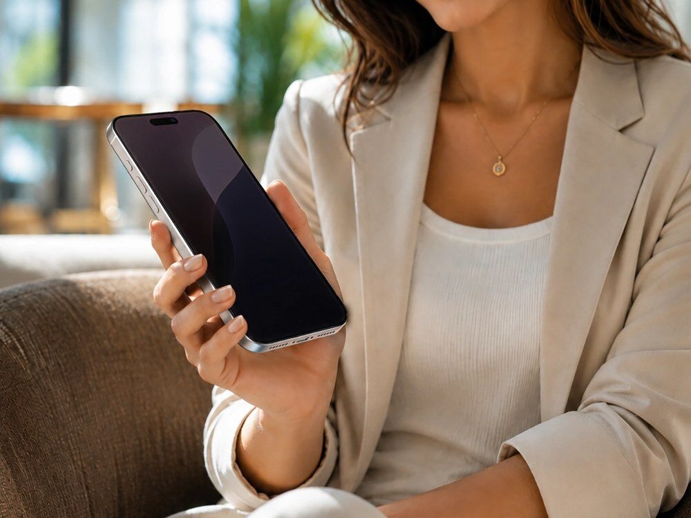 Kobieta w beżowej marynarce trzymająca smartfon z przyciemnionym ekranem, widok z boku na tle rozmytego wnętrza.