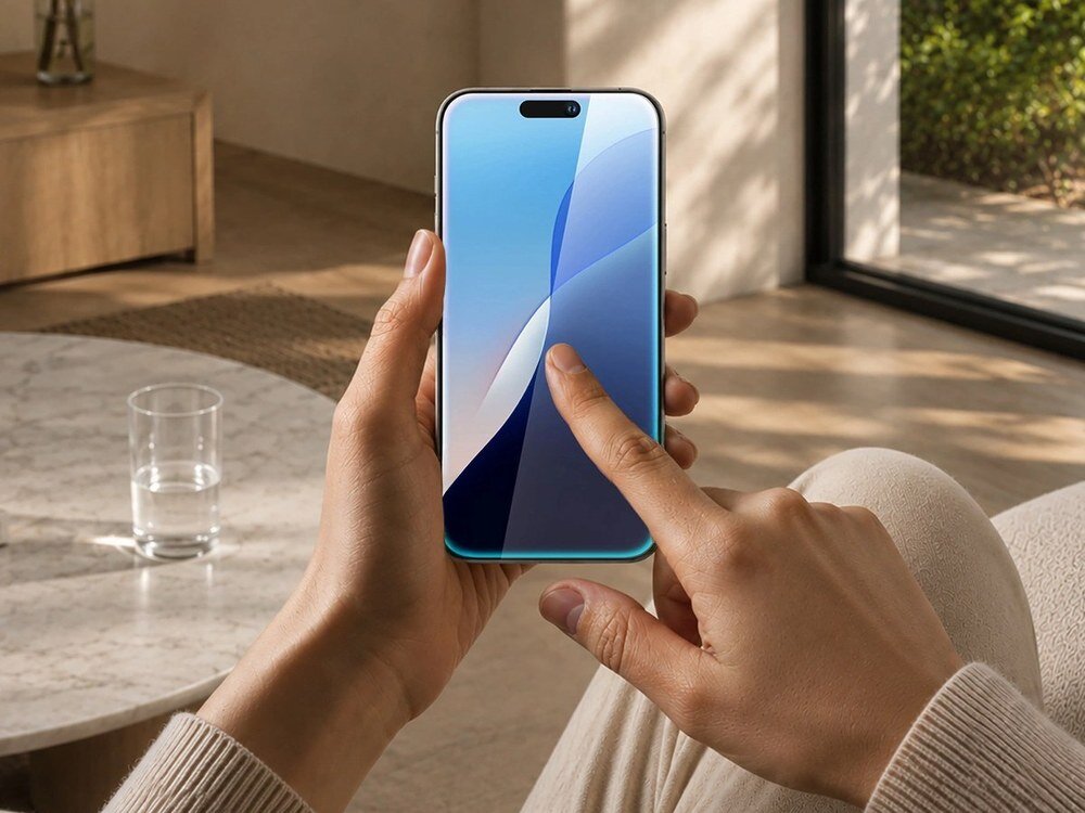 Dłonie trzymające smartfon z wyświetlonym niebieskim tapetą, widoczny Dynamic Island, jasne wnętrze w tle.
