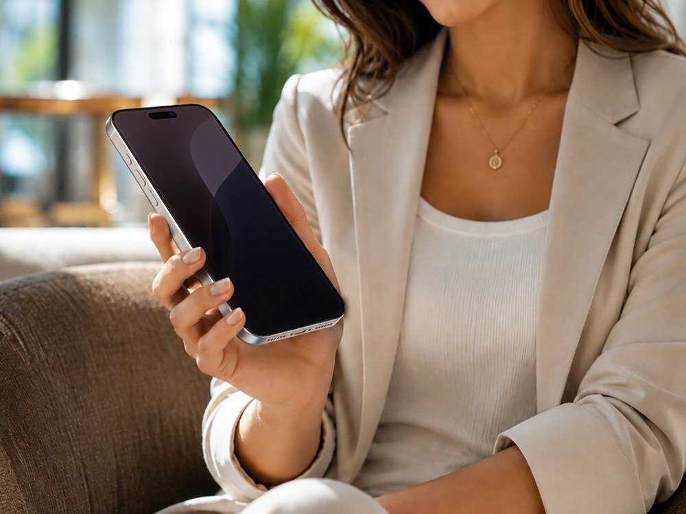 Kobieta w beżowej marynarce trzymająca smartfon z zaciemnionym ekranem, widok z boku w jasnym wnętrzu.