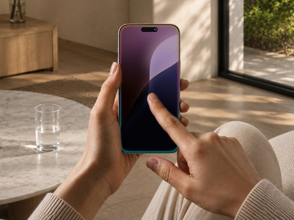 Dwie dłonie obsługujące smartfon z fioletową tapetą, widok frontu ekranu w jasnym salonie.