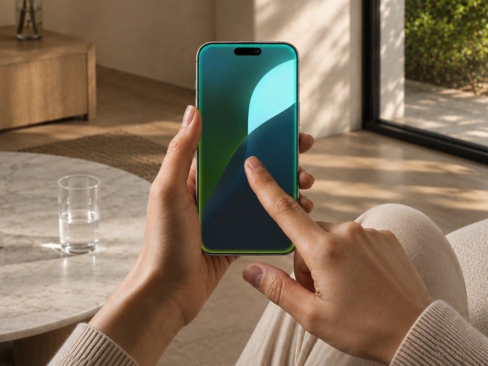 Dłonie trzymające smartfon z zielonym tłem ekranu, widoczna przednia kamera i smukła ramka urządzenia, jasne wnętrze w tle.