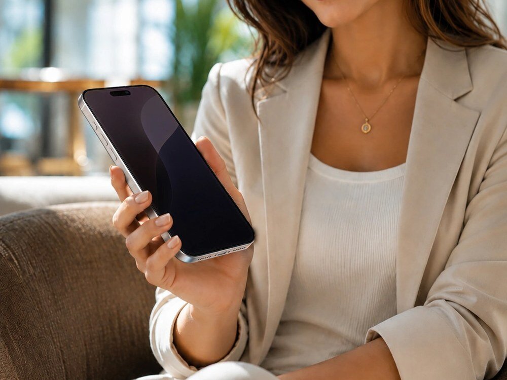 Kobieta w beżowej marynarce trzymająca smartfon z ciemnym ekranem, widok z boku w naturalnym oświetleniu.