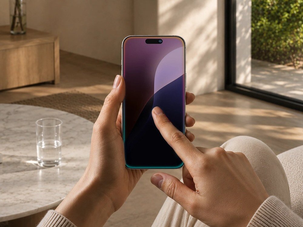 Dłonie trzymające smartfon z fioletową tapetą i ciemnym filtrem prywatyzującym, wnętrze salonu w tle.