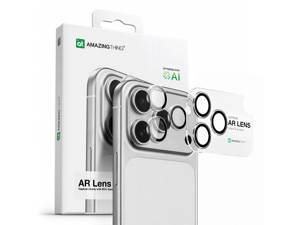 Opakowanie AmazingThing AR Lens z napisem 95% transmittance obok wyjętego szkła ochronnego na obiektywy na białym tle.