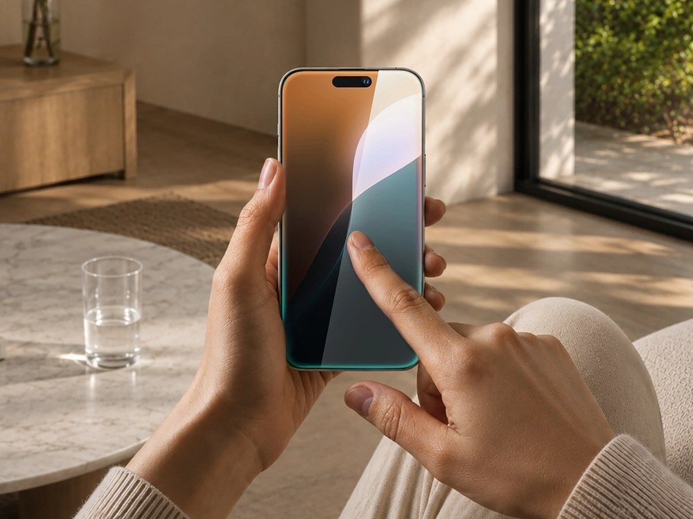 1. Dłonie trzymające smartfon z ekranem wyświetlającym kolorową tapetę, widok od przodu w salonie z naturalnym światłem.