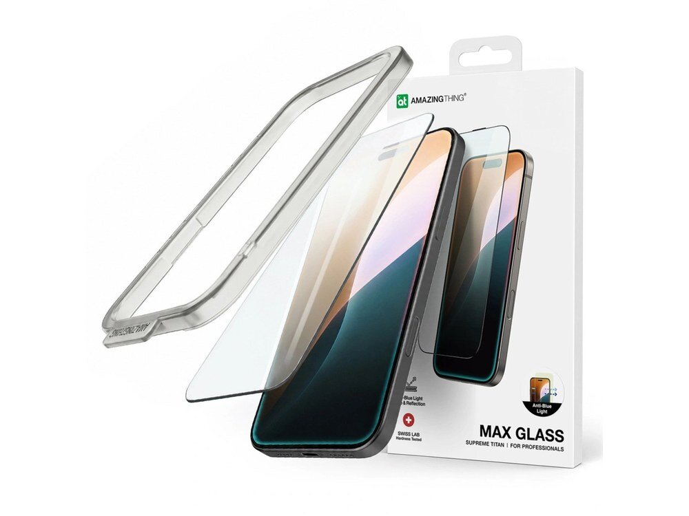 Opakowanie szkła hartowanego AMAZINGTHING Titan Max FusionFilter 7 do Apple iPhone Air z widocznym logo producenta. Na opakowaniu znajduje się grafika przedstawiająca telefon z nałożonym szkłem ochronnym oraz napisy \'MAX GLASS\' i \'SUPREME TITAN | FOR PROFESSIONALS\'.