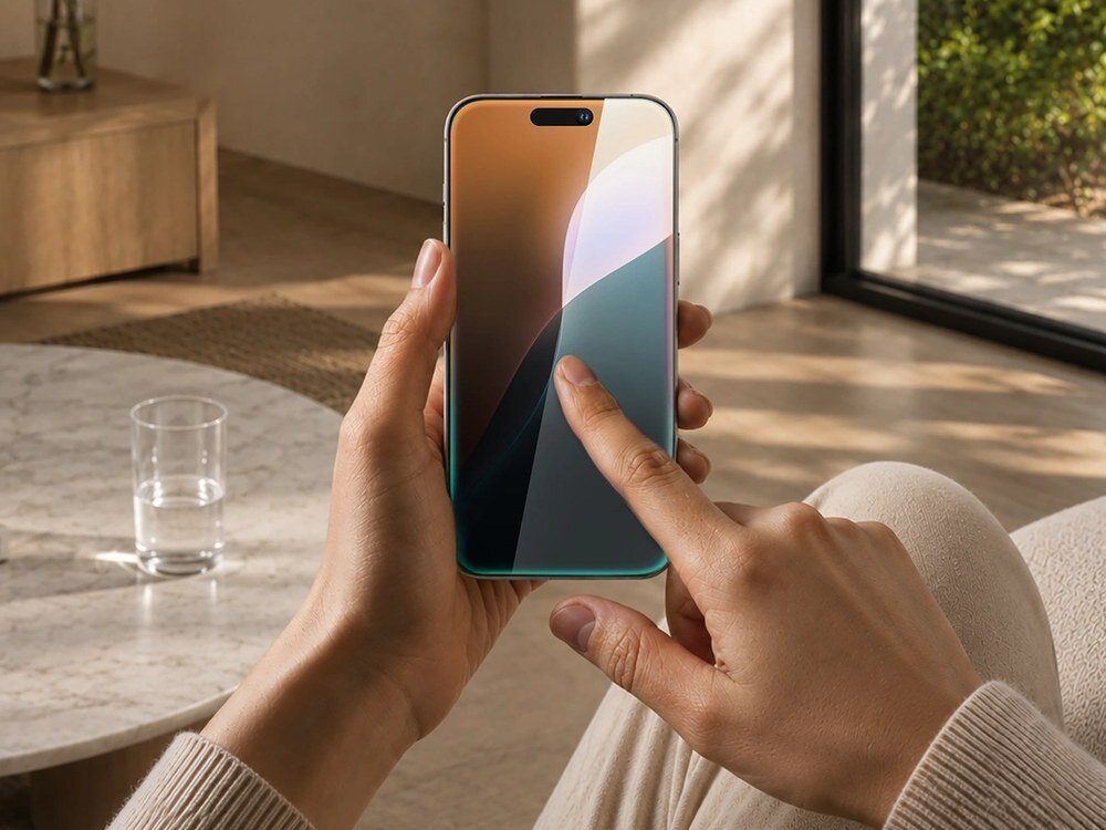 Dłonie trzymające smartfon z kolorową tapetą w ciepłych odcieniach brązu i zieleni, widok od przodu w salonie.