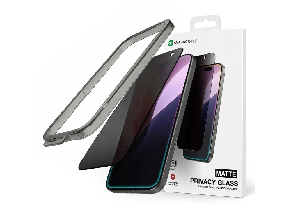 Szkło hartowane AmazingThing Matte Privacy Glass, aplikator i pudełko produktu na białym tle, ujęcie zestawu.