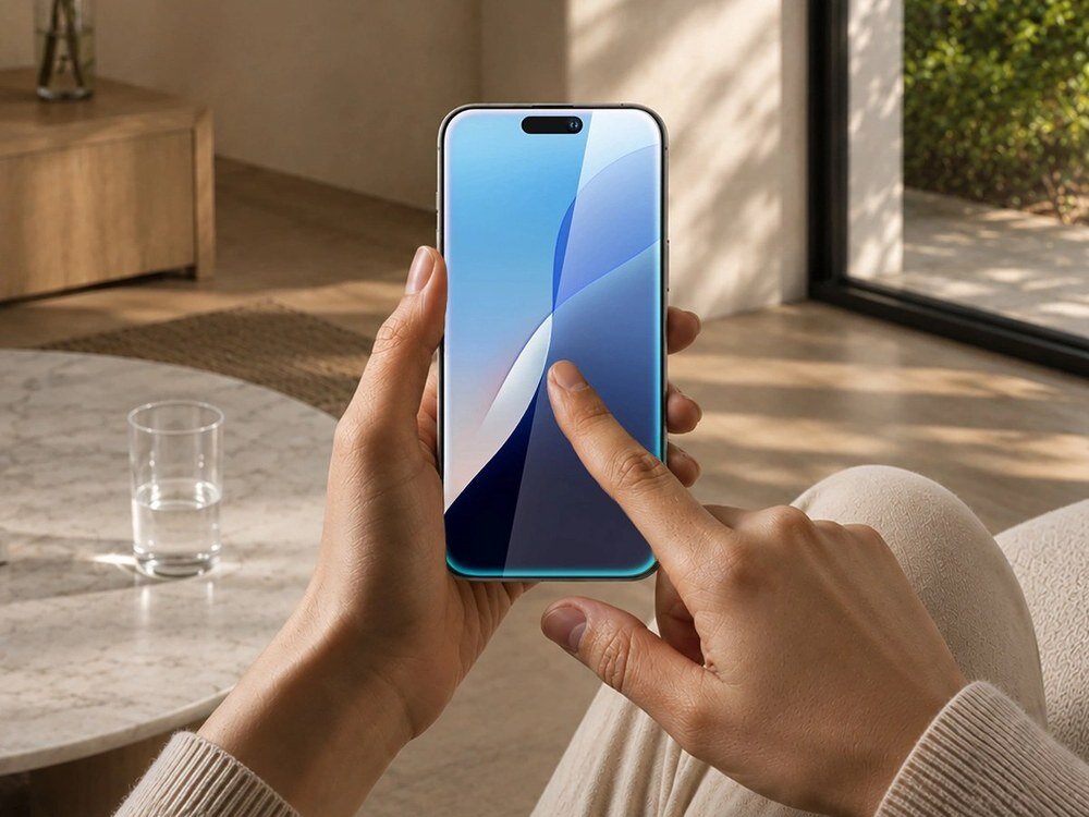 Dłonie trzymające iPhone'a z ekranem dotykanym palcem, widoczne pełne pokrycie ekranu szkłem ochronnym.