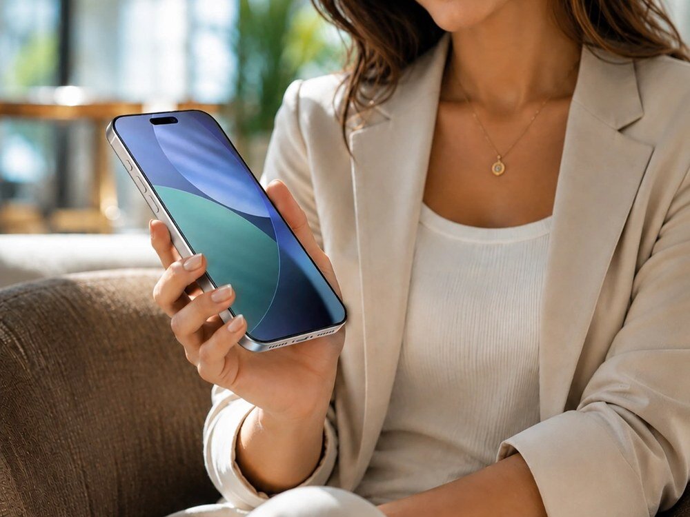 Kobieta w beżowej marynarce trzymająca smartfon z założonym szkłem ochronnym AmazingThing, ujęcie z boku w jasnym wnętrzu.