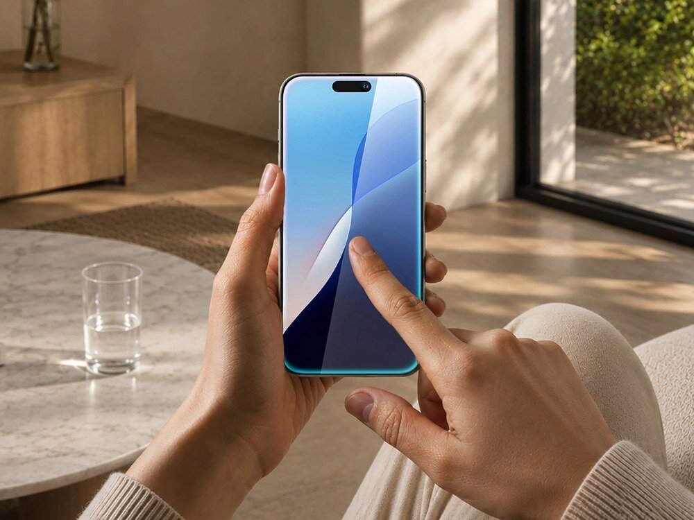 Dłonie trzymające smartfon z ekranem pokrytym szkłem ochronnym AmazingThing, widok frontu wyświetlacza z dynamiczną wyspą.