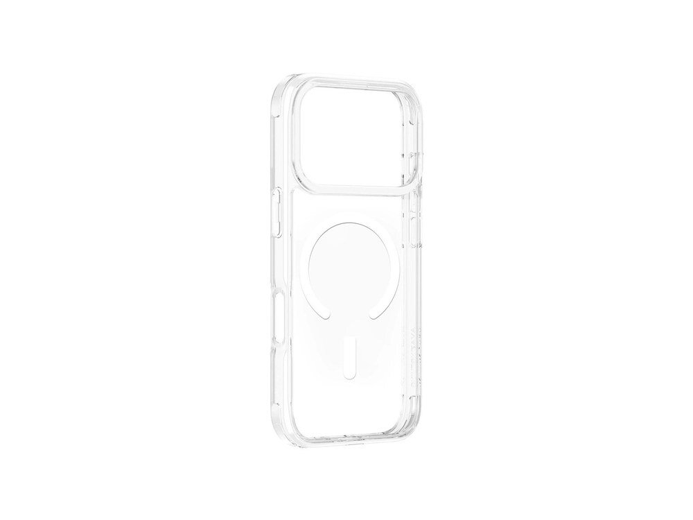 Przezroczyste etui AmazingThing Minimal Mag bez telefonu, widok pod kątem z widocznym pierścieniem MagSafe i wyciętym miejscem na aparat.