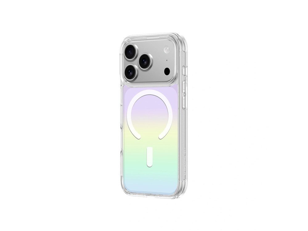 Etui AmazingThing Minimal Mag na iPhone 17 Pro Max z tęczowym gradientem i logo MagSafe, ujęcie z tyłu pod kątem na białym tle.