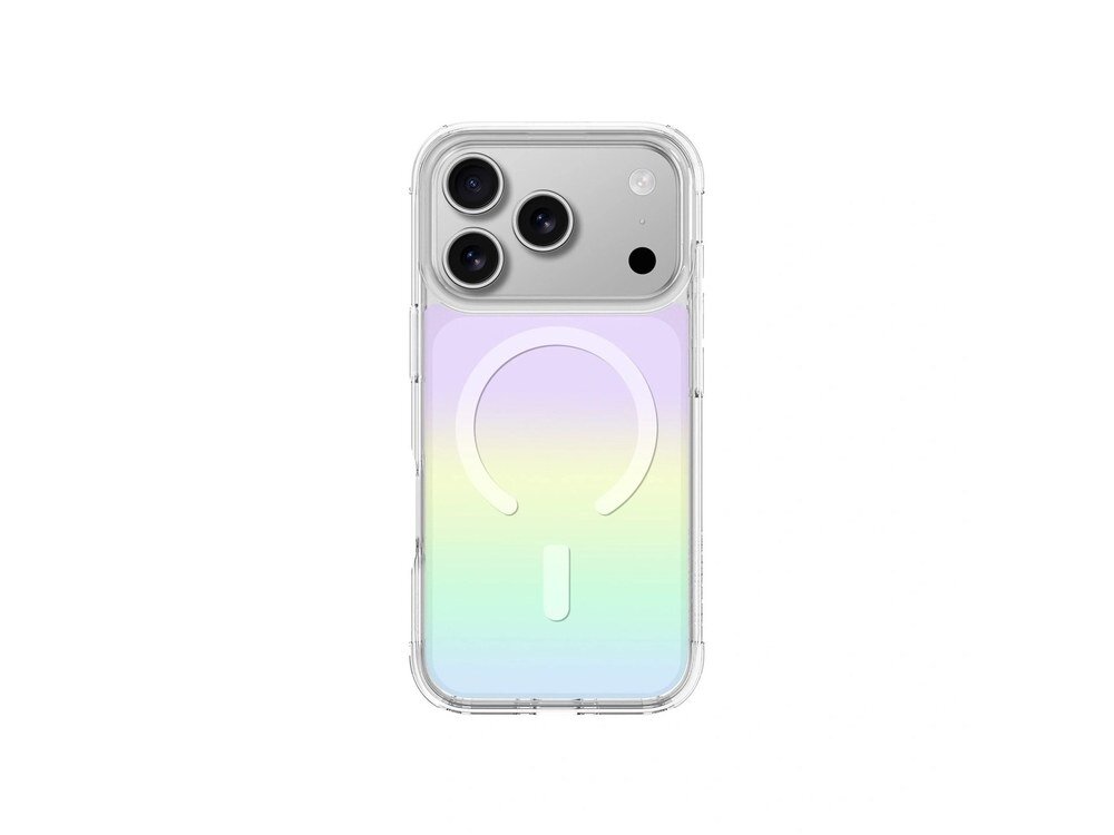 Etui AmazingThing Minimal Mag widziane od tyłu, tęczowy gradient przechodzący od fioletu przez żółć do błękitu, widoczny pierścień MagSafe.