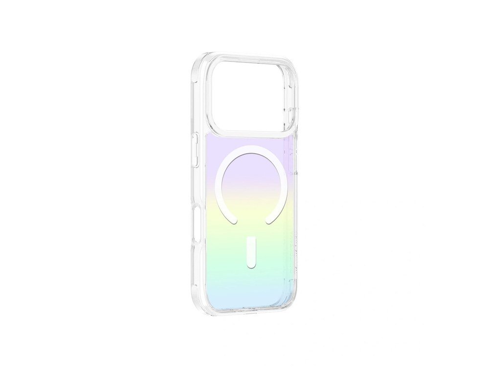 Etui AmazingThing Minimal Mag bez telefonu, widok z tyłu pod kątem, wyraźny pierścień MagSafe na tęczowym tle, białe tło.