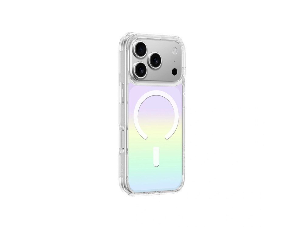 Etui AmazingThing Minimal Mag na iPhone 17 Pro Max, ujęcie z tyłu pod kątem z dobrze widocznym tęczowym gradientem i przeźroczystą górną częścią, białe tło.