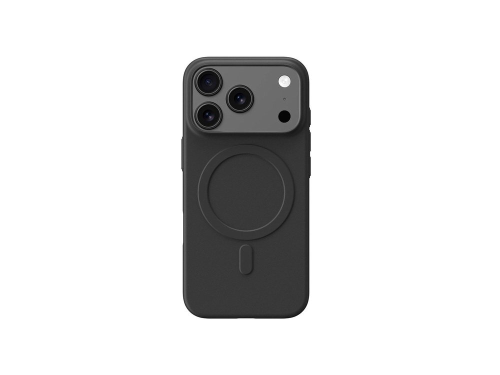 Czarne etui AmazingThing Minimal Air na iPhone 17 Pro, widok tylny z wyraźnie widocznym okrągłym ringiem MagSafe i otworem na aparat, białe tło.