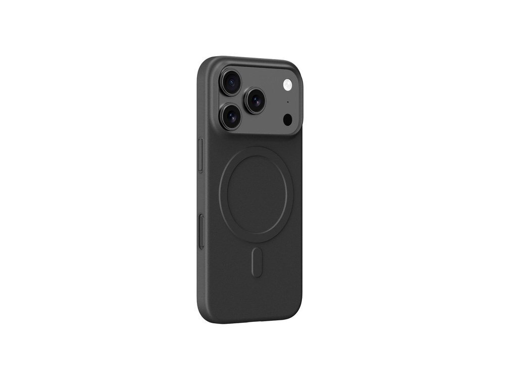 Czarne etui AmazingThing Minimal Air na iPhone 17 Pro widziane pod kątem, eksponujące podniesione krawędzie wokół modułu potrójnego aparatu, białe tło.