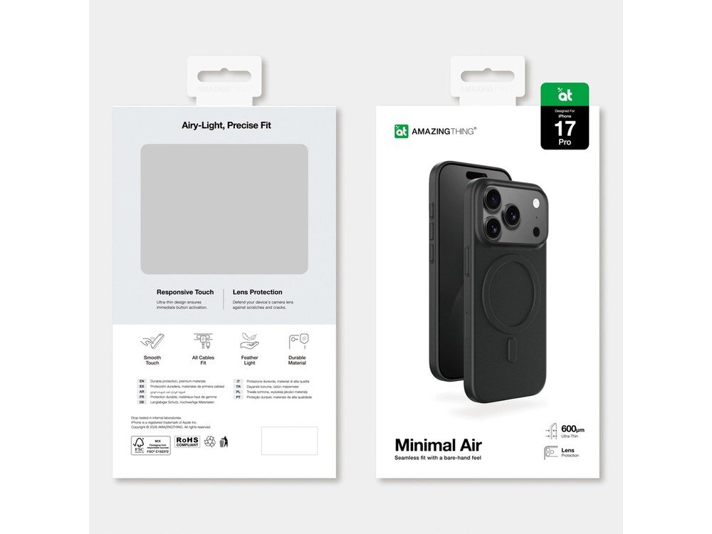 Opakowanie etui AmazingThing Minimal Air, przód i tył pudełka z oznaczeniem iPhone 17 Pro, informacją o grubości 600 µm i ikoną ochrony obiektywu.