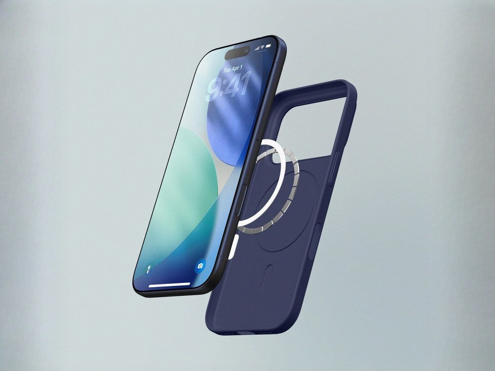 Na obrazie widoczny jest niebieski telefon z wyświetlaczem pokazującym godzinę 9:41 oraz etui z funkcją MagSafe. Etui jest w kolorze niebieskim i ma okrągły wzór na tylnej części.