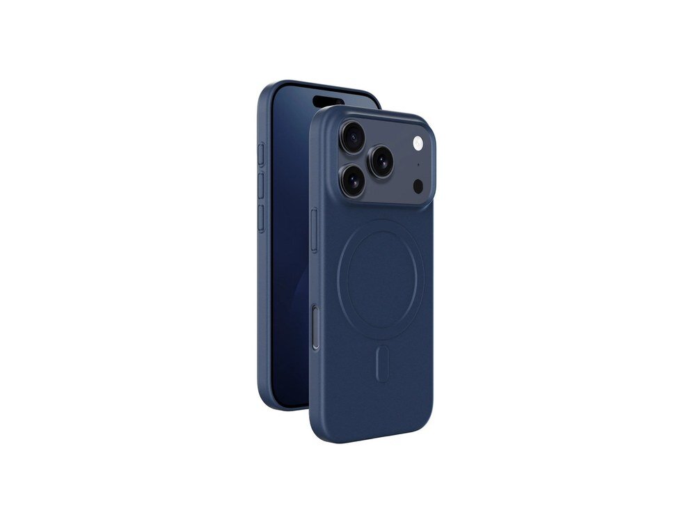 Na obrazie widoczne jest niebieskie etui na telefon z trzema dużymi otworami na aparaty oraz okrągłym wzorem sugerującym kompatybilność z MagSafe. Etui jest przeznaczone do smartfona, który również jest widoczny na zdjęciu.