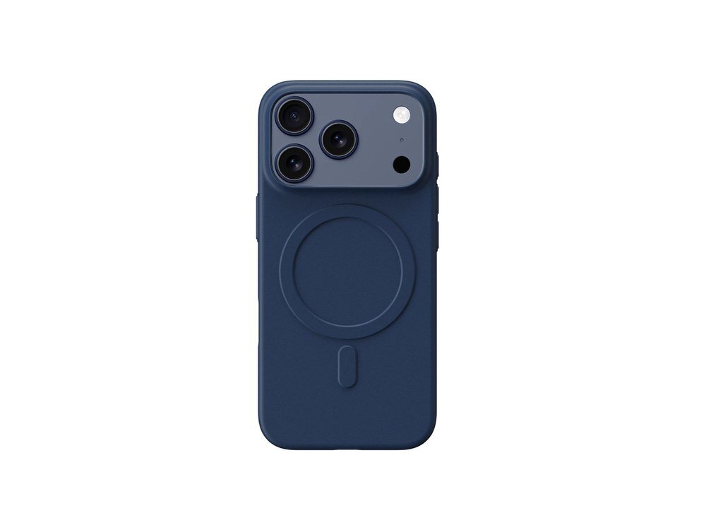 Niebieskie etui na telefon z trzema otworami na aparaty i okrągłym wzorem na środku. Etui jest przeznaczone do urządzeń z funkcją MagSafe.