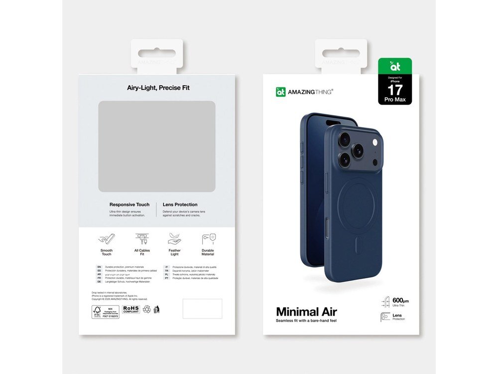 Opakowanie etui AMAZINGTHING Minimal Air MagSafe do Apple iPhone 17 Pro Max w kolorze niebieskim. Na opakowaniu widoczny jest wizerunek etui oraz teksty: \'Airy-Light, Precise Fit\', \'Responsive Touch\', \'Lens Protection\', \'Minimal Air\', \'Seamless fit with a bare-hand feel\'.