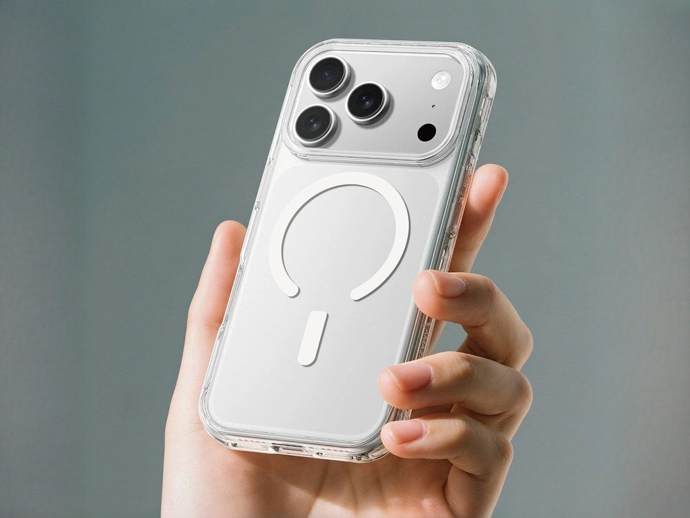 Dłoń trzymająca iPhone'a 17 Pro w przezroczystym etui AmazingThing Titan Pro z białym logo MagSafe, szare tło studyjne.