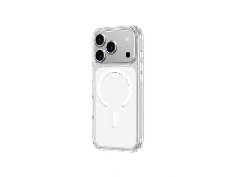 Przezroczyste etui AmazingThing Titan Pro na iPhone'a 17 Pro Max widziane z tyłu pod kątem, widoczny biały pierścień MagSafe i potrójny aparat, białe tło.