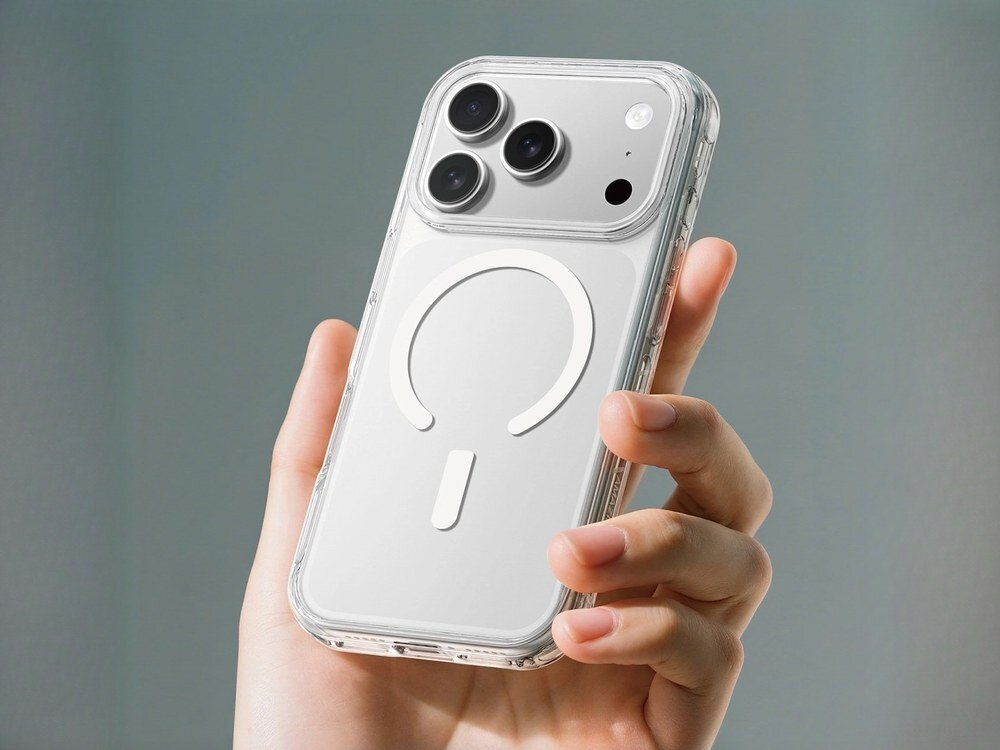 Dłoń trzymająca iPhone'a 17 Pro Max w przezroczystym etui AmazingThing Titan Pro, widoczny biały symbol MagSafe na plecach etui, szare tło.