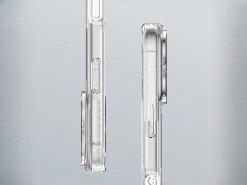 Przezroczyste etui AmazingThing Titan Pro bez telefonu widziane z boku, eksponujące przezroczystą strukturę ramy i wycięcia na przyciski, jasne tło.