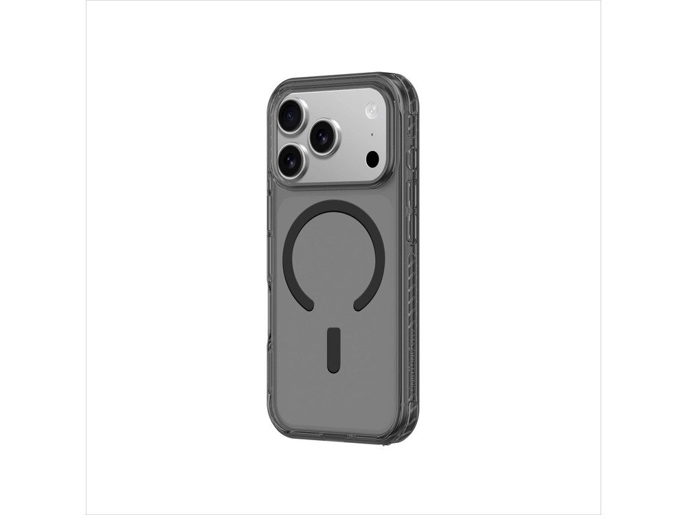 Przezroczyste etui AmazingThing Titan Pro na iPhone'a 17 Pro Max widziane z tyłu pod kątem, widoczny biały pierścień MagSafe i potrójny aparat, białe tło.