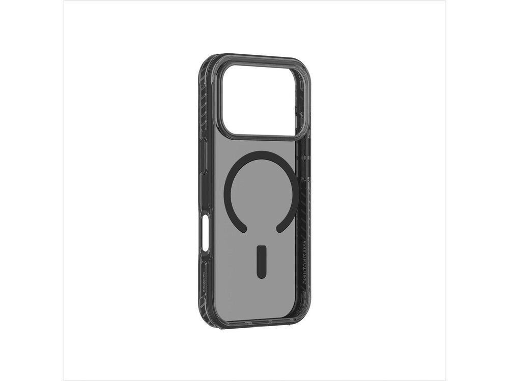 Przezroczyste etui AmazingThing Titan Pro bez telefonu widziane z tyłu pod kątem, widoczny okrągły magnes MagSafe i duże wycięcie na aparat, białe tło.