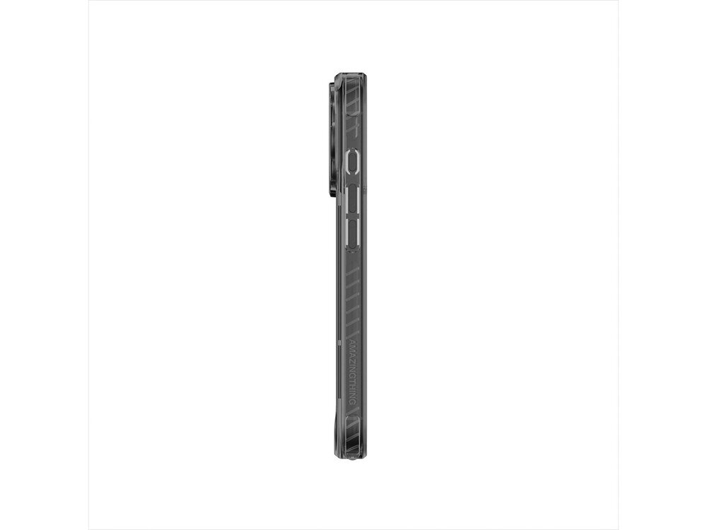 Dwa ujęcia bocznych krawędzi przezroczystego etui AmazingThing Titan Pro z widocznymi wycięciami na przyciski i teksturowanymi narożnikami, szare tło.