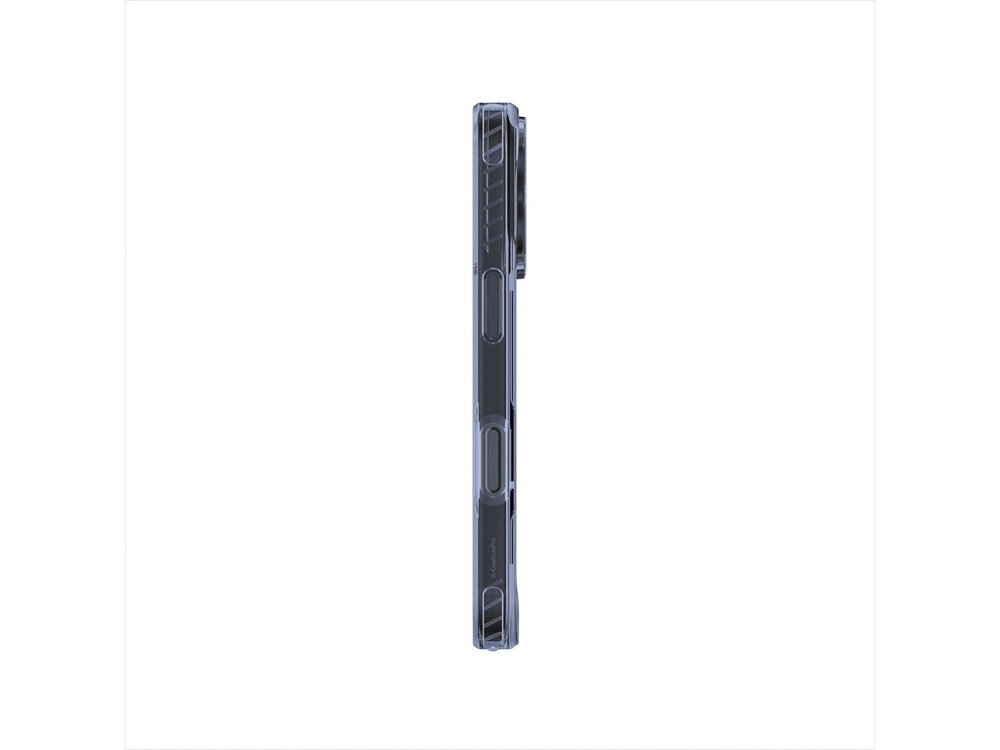 Prawa krawędź etui AmazingThing Titan Pro na iPhone 17 Pro Max z widocznymi wycięciami na przyciski głośności i logotypem AmazingThing.