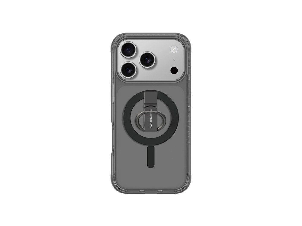 Etui AmazingThing Titan Pro Grip Ring na iPhone 17 Pro Max, widok z tyłu, magnetyczny ring na środku obudowy, białe tło.