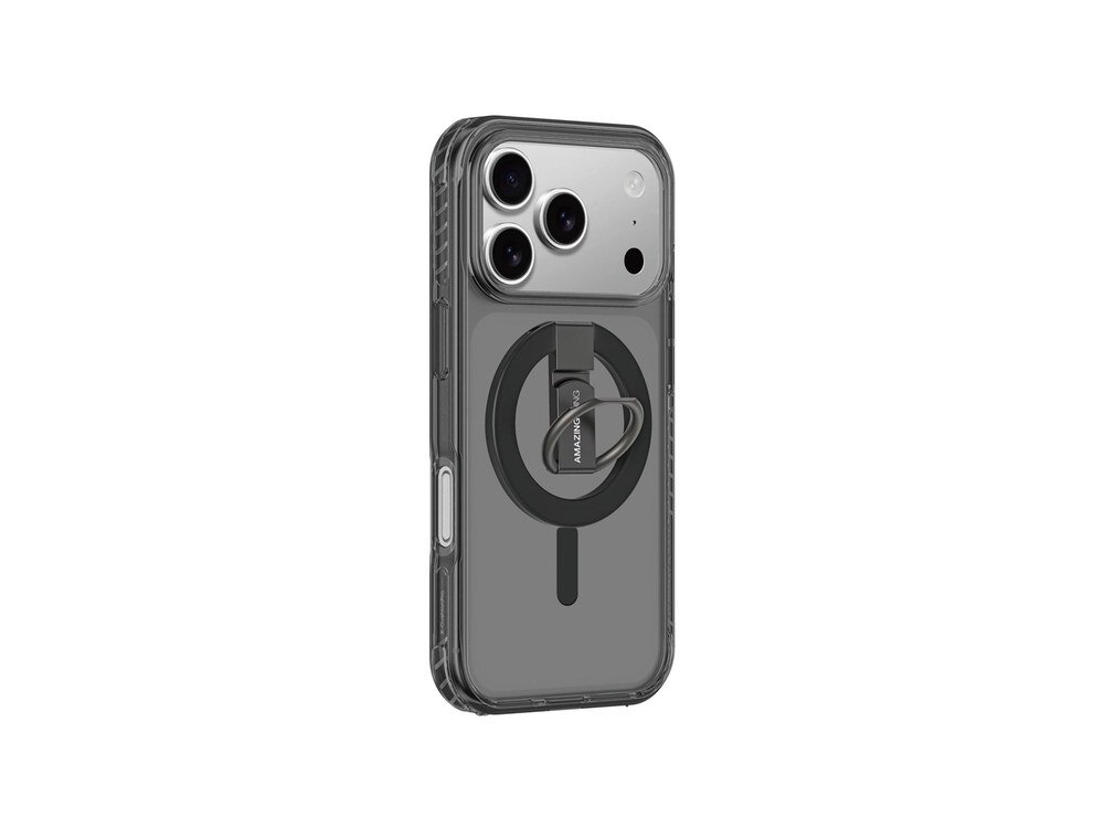 Etui AmazingThing Titan Pro Grip Ring na iPhone 17 Pro Max, ujęcie z ukosa z widocznym rozłożonym ringiem-podstawką, białe tło.