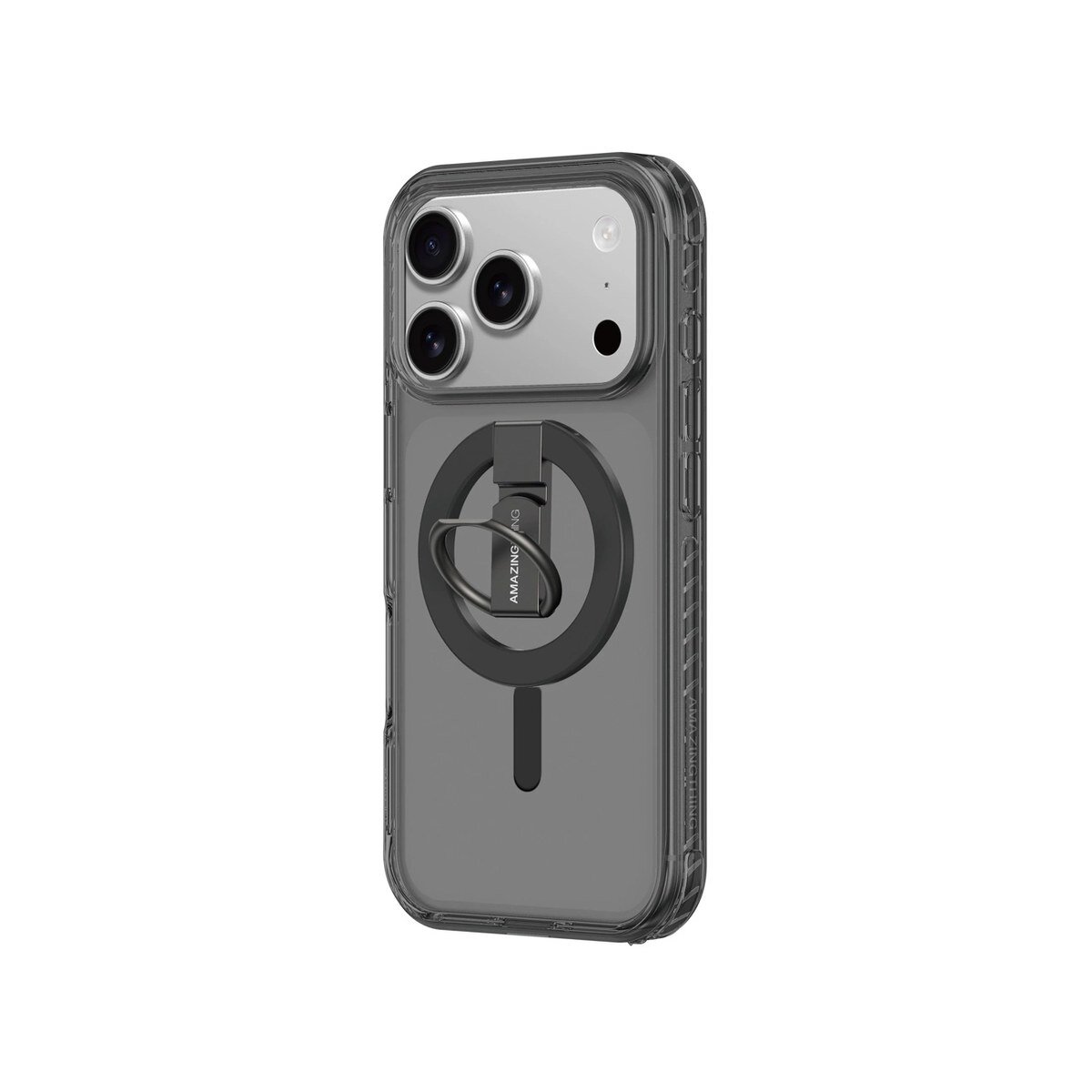 Etui AmazingThing Titan Pro Grip Ring na iPhone 17 Pro Max, ujęcie z tyłu z widoczną teksturą bocznych krawędzi i ringiem, białe tło.