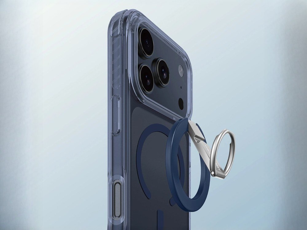 Etui AmazingThing Titan Pro na iPhone 17 Pro Max w kolorze niebieskim, widok tylnej ścianki z wysuniętym metalowym ringiem magnetycznym, na jasnoniebieskim tle.