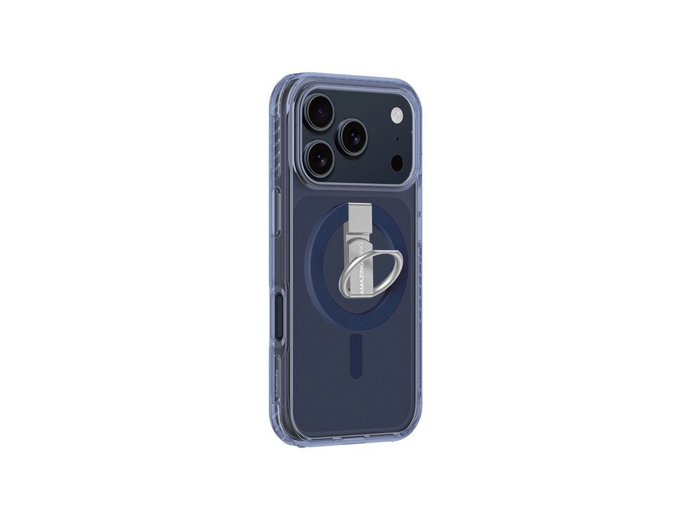 Etui AmazingThing Titan Pro na iPhone 17 Pro Max, widok pod kątem z tyłu na białym tle, metalowy ring złożony przy niebieskim pierścieniu magnetycznym.