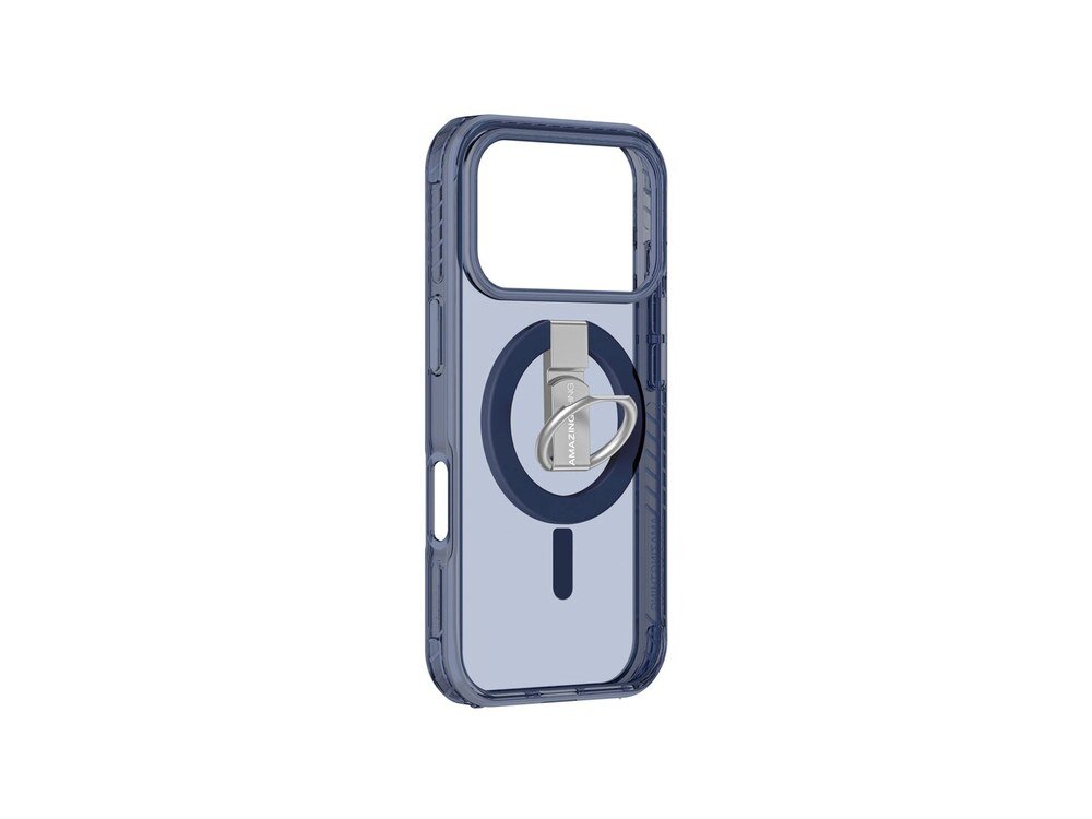 Etui AmazingThing Titan Pro na iPhone 17 Pro Max bez smartfona, widok pod kątem z tyłu, przezroczysta niebieska obudowa z metalowym ringiem na białym tle.