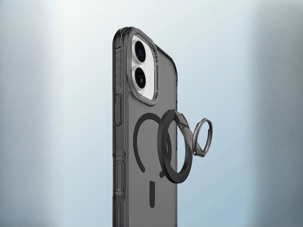 Przezroczysto-czarne etui AmazingThing Titan Pro na iPhone 17 z magnetycznym ringiem, widok z tyłu pod kątem na szarym tle.